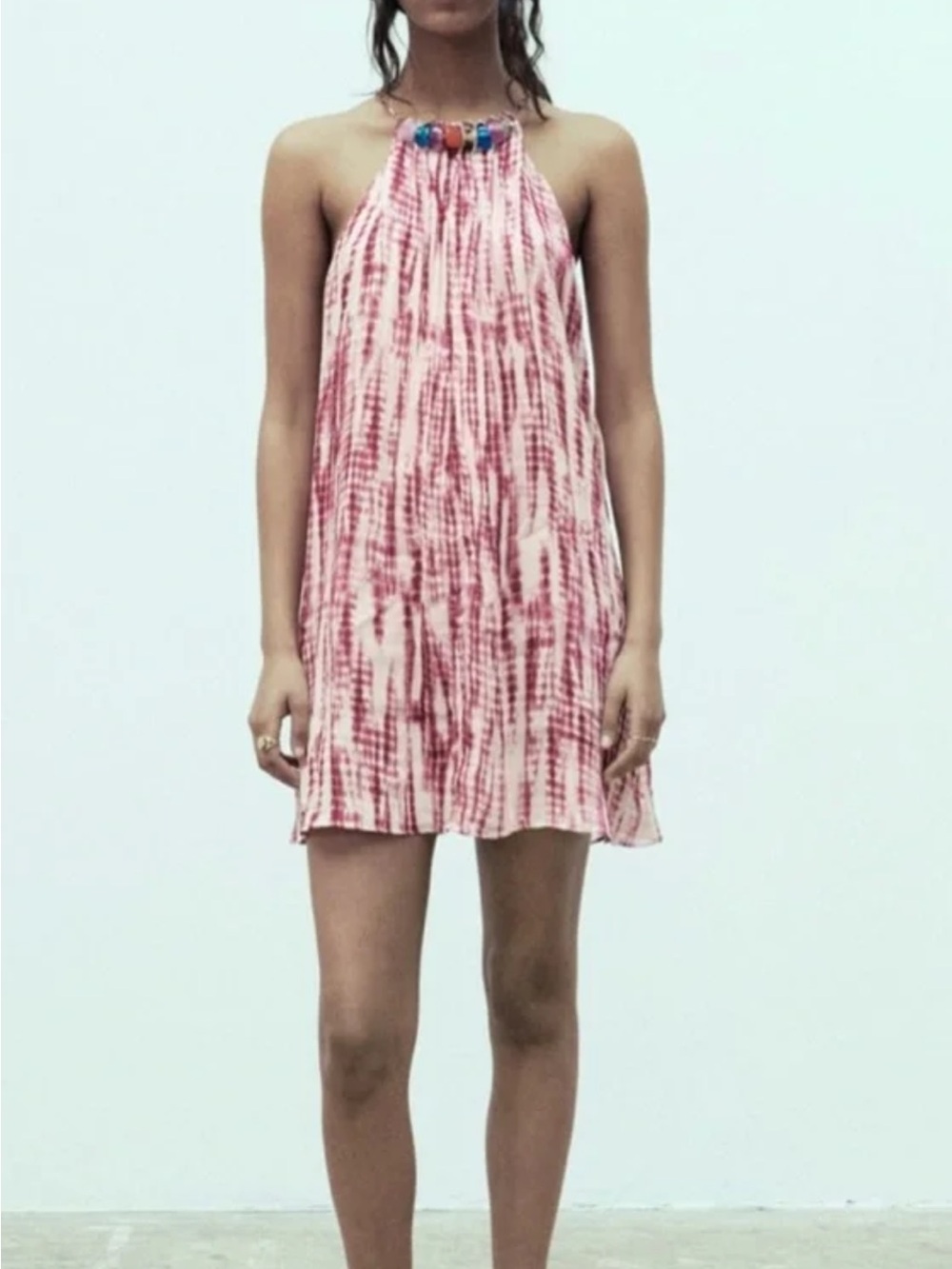 Zara Pink Tie-Dye beaded neck Dress size medium nwt